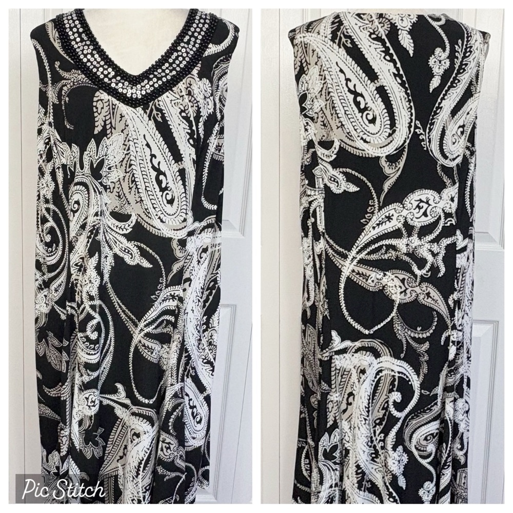 JM Collection Black Multi Paisley Sequin Beaded V-Neck Sleeveless Dress 2X